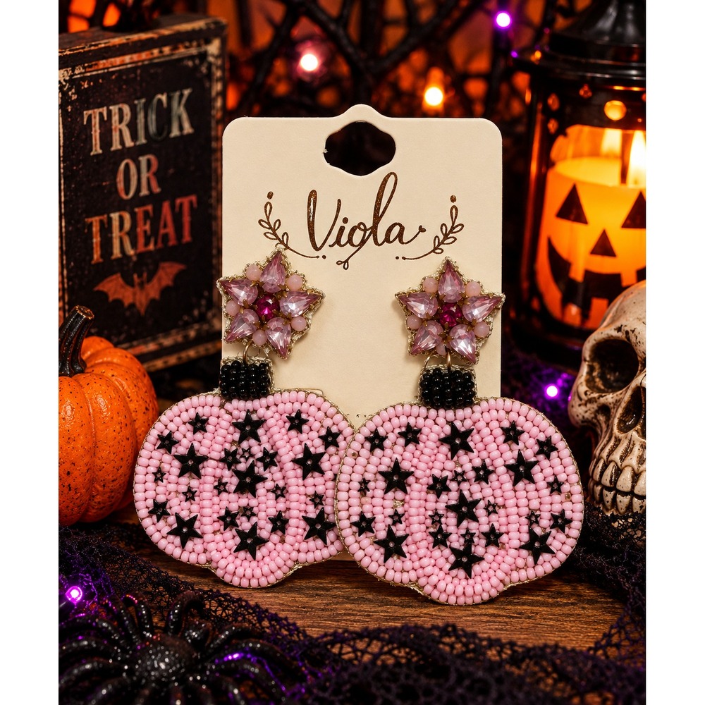 Pink Pumpkin Seed Bead Earrings Black Stars Halloween Statement Dangle